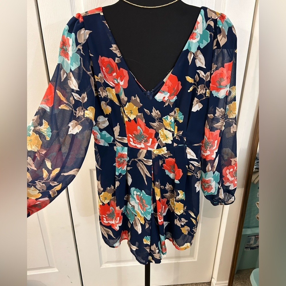 Addison Deep V front and back, Sheer sleeve flowey shorts romper! Cute & Classy